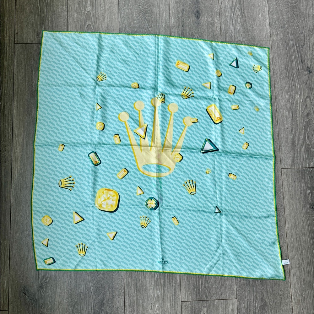 Rolex 100% Silk Scarf Crown Blue Yellow Colorblock